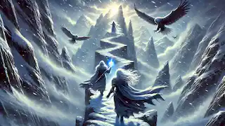 The princesses climb a snowy mountain path, braving the wind, with eagles guiding their way.