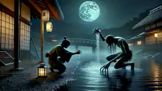 Kenta bows to the Kappa, causing water to spill from its head, weakening it under the moonlight.