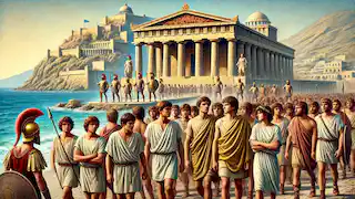 Athenian youths arriving at King Minos's palace in Crete with expressions of fear and uncertainty.