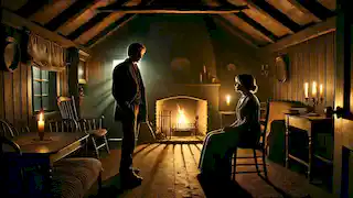 Fletcher inside a dimly lit house, speaking with a mysterious woman by the fire, both appearing tense and contemplative.