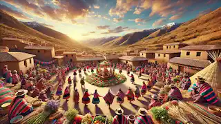 Aymara villagers celebrating an agricultural festival honoring Pachamama in a mountain village