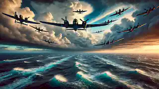 Military planes from Flight 19 flying over turbulent waters in the Bermuda Triangle, heading into stormy skies.