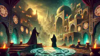 Daryush confronts the sorcerer in a dark lair on the outskirts of Tabriz, with glowing symbols on the walls.