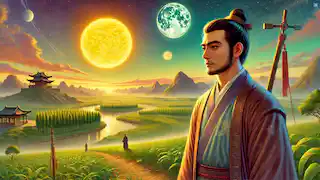 Hou Yi stands below the last sun, overlooking a land beginning to recover.