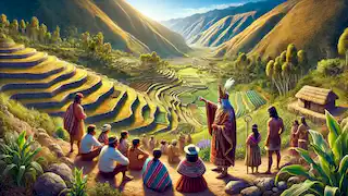 Viracocha teaches Andean villagers agriculture on a high plateau.