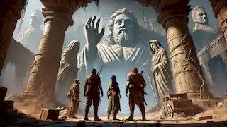 The adventurers stand before an ancient temple entrance, confronted by a shadowy Guardian.