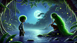 Thiago stands mesmerized at the water's edge, staring at Yara combing her green hair on a rock under the moonlight.