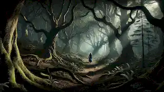 Elara walks cautiously through a dark, mysterious part of the Enchanted Forest, surrounded by ancient, towering trees.