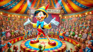 Pinocchio performing at the circus with the crowd cheering.