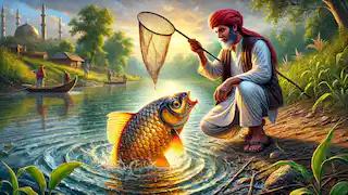 The fisherman Ali holding a glowing golden fish at the riverbank, surrounded by lush vegetation and shimmering water.