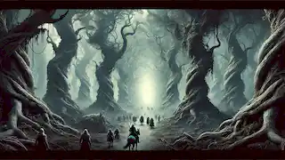 An eerie enchanted forest with dense trees and thick mist, as Prince Kaveh and his warriors journey through it.