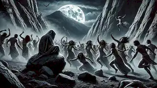 Pentheus watches in disguise as maenads perform wild rituals on a dark, moonlit mountainside.