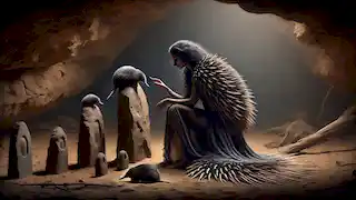 Echidna mourns the loss of her children in her cave, coiled in sorrowful reflection.