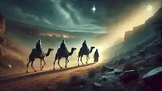 Three wise men leave Bethlehem under the night sky, guided by divine warning to avoid King Herod.