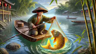 Chen discovers the golden and wooden fish in his net while fishing on a quiet river.