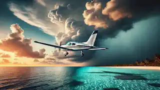 A small private plane takes off over calm waters, heading toward storm clouds looming in the distance.