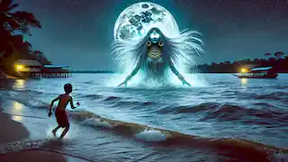 A Yacuruna spirit emerges from the Amazon River at night as the water churns, with Amaru stepping back in awe.