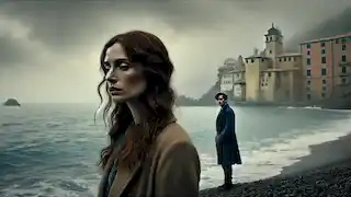 Nina stands pensively by the sea while the narrator watches her silently under a gray Mediterranean sky.