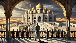 Hassan stands on a marble balcony of his grand desert palace, surrounded by wealth, while envious courtiers plot behind him.