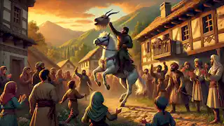 Rostam returns to the village riding Rakhsh with the White Demon's head, greeted by celebrating villagers.