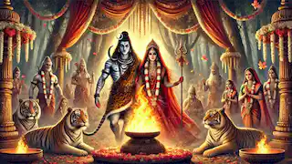 Shiva and Parvati’s grand wedding ceremony with sacred fire, surrounded by gods and animals in a forest setting.