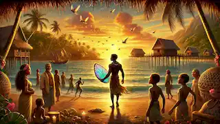 Kai returning to his village at sunset, holding an iridescent scale while villagers gather in admiration.