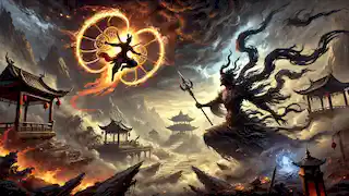 Nezha flies on his Wind Fire Wheels while battling the demon Shiji Niangniang, surrounded by dark magical energy.