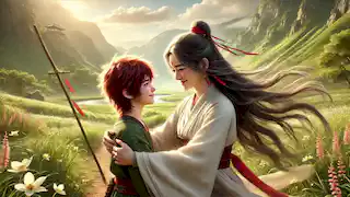 The Iron Fan Princess warmly embraces her son, Red Boy, in a peaceful valley, a moment of reconciliation and love.