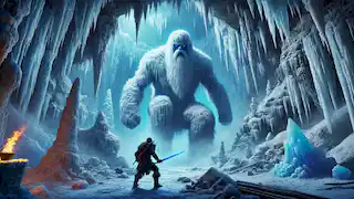 Bahram faces a towering frost giant inside the icy caverns of Alborz, his sword glowing with fiery heat.