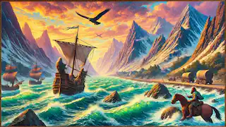 Journey to the Northern Mountains: Liam traveling towards the Northern Mountains with treacherous seas and unpredictable weather. The scene is vibrant with detailed textures, depicting the challenging journey through rugged landscapes.