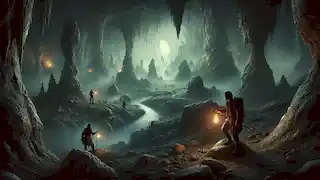 Explorers descend into a subterranean chamber inside the cave, with strange rock formations and a glimmering water spring.