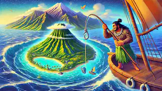 Maui uses his magical fish hook to pull up the North Island from the depths of the ocean.