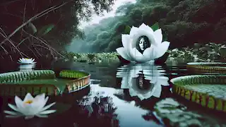 Naiá transforms into a water lily, her body dissolving into petals on the calm river.