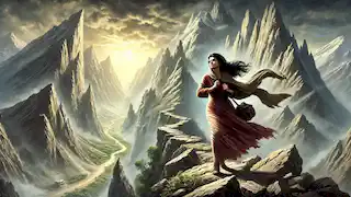 A treacherous mountain path with jagged cliffs and a determined young Persian woman battling strong winds on her journey.