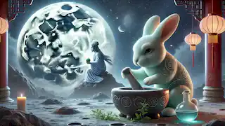 The Jade Rabbit on the moon, working with a mortar and pestle under the watchful eye of Chang'e from her palace.