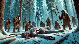 The fallen Wendigo lies defeated in a snowy forest clearing, surrounded by somber Native American hunters.