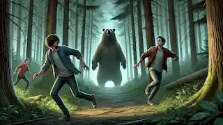 A bear emerges from the forest as Ben runs in fear and Sam freezes in terror, the forest dense and shadowed.