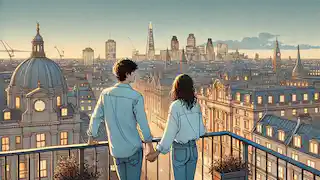  A couple enjoying a view of the city from a rooftop.