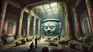 Archaeologists examine a bronze cauldron with the Tao Tie's face in a ruined temple overgrown with vines