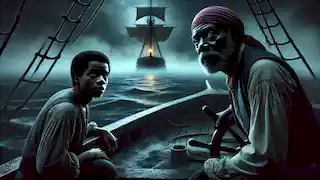 Ezra and Manuel sail through an eerie fog in the Caribbean, guided by a flickering light on the horizon.