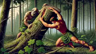 Milo of Croton trapped by a tree in the forest.