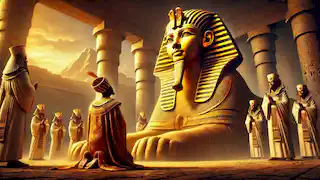 Pharaoh Khafre kneels before the completed Sphinx during its ceremonial unveiling, surrounded by priests in golden light.