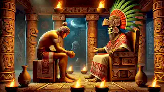 Quetzalcoatl betrayed by Tezcatlipoca, offered a sacred drink in a ceremonial Aztec room lit by flickering torches.