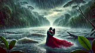 Rainfall over the Amazon River, Ana in a red gown embraces the Boto as the river swells dramatically.