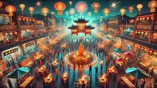 People celebrating the Festival of the Jade Emperor with lanterns, fireworks, and prayers in a lively town square.