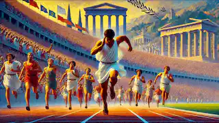 Leonidas leading the stadion race at the ancient Olympic Games, with cheering spectators and iconic structures in the background.