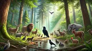 Animals gather in a lush forest, surrounding the crow as sunlight filters through the trees, symbolizing unity and relief.