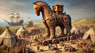 Greek soldiers build the Trojan Horse, focusing intently on the massive wooden structure.