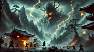 The Mountain Spirit confronts the warlord amidst a storm, glowing with power and protecting the sacred grove.