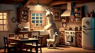 Mama Llama tidies up in the kitchen, surrounded by warm, soft lighting and a cozy ambiance.